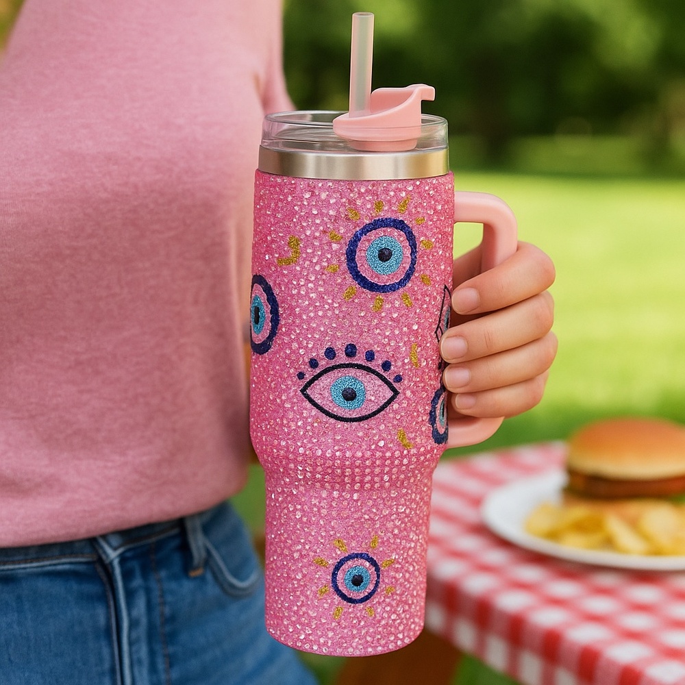 💖 Pink Rhinestone Evil Eye 40oz Tumbler with Handle & Straw – Sparkle & Protect